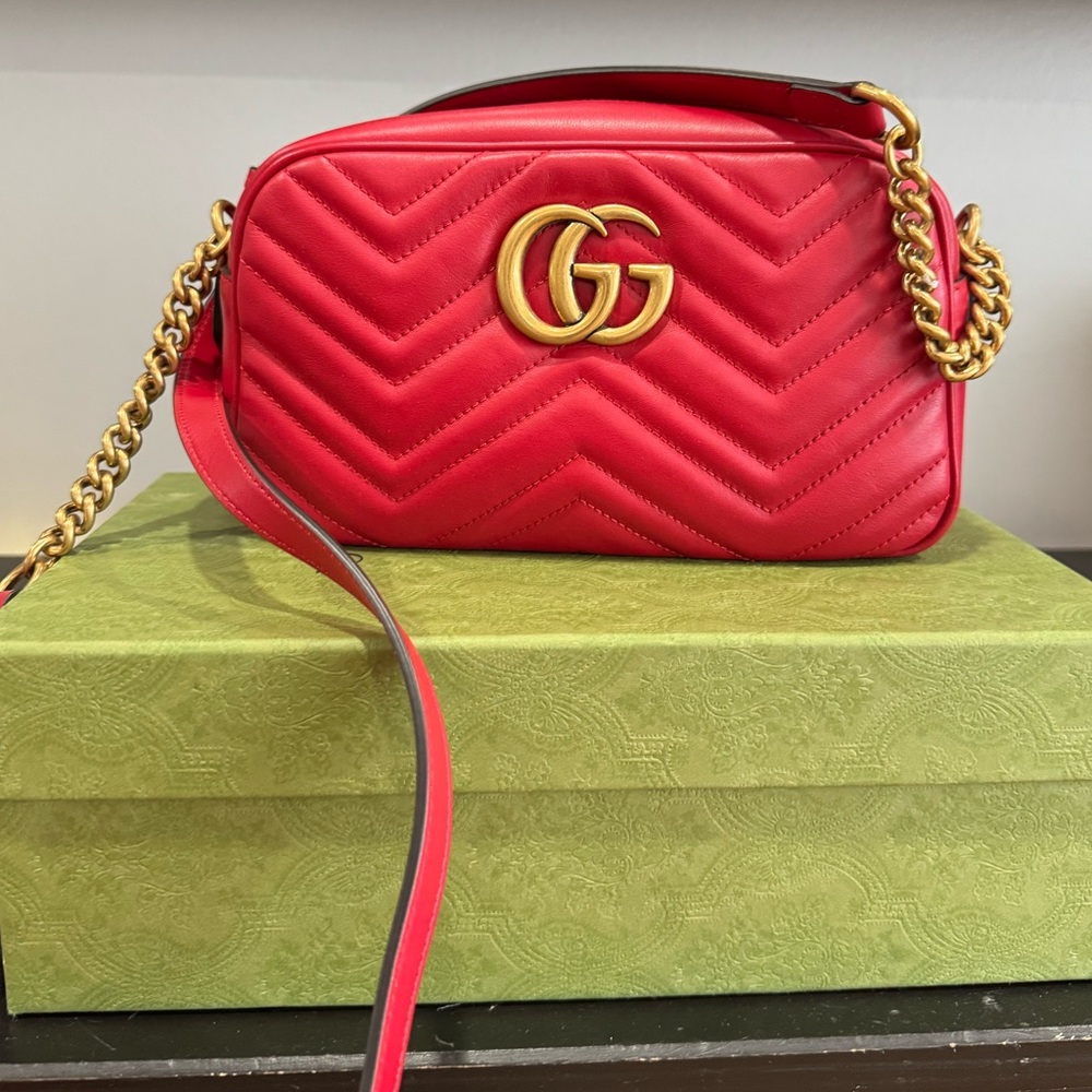 Gucci Red Chevron Crossbody Bag with Gold Accents
